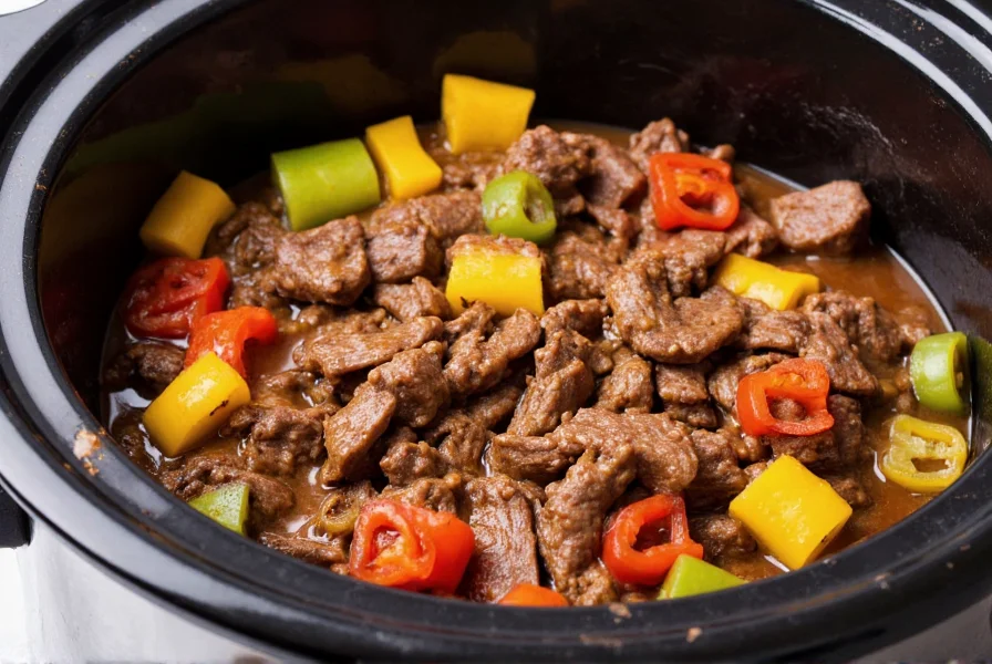Slow cooker pepper steak with tender beef strips, colorful bell peppers, and glossy sauce in ceramic dish