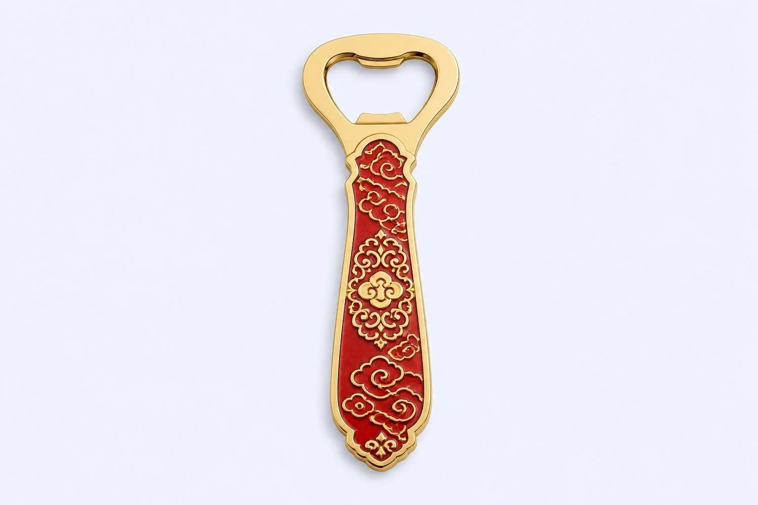 Red enamel bottle opener with embossed clouds