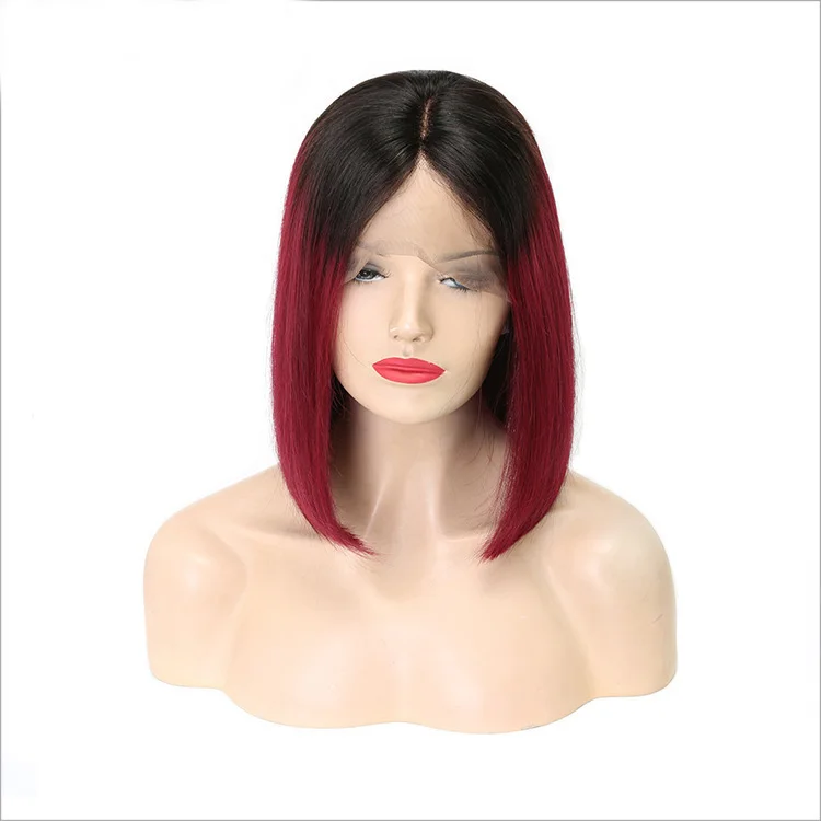 

100% Brazilian Human Hair Silky Straight 1B/99J Colored Lace Frontal Ombre Color Bob Wigs