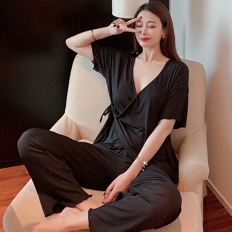 

New style fashion trend Short Sleeve Pajamas Kimono style homewear v neck luxury pajamas set for women