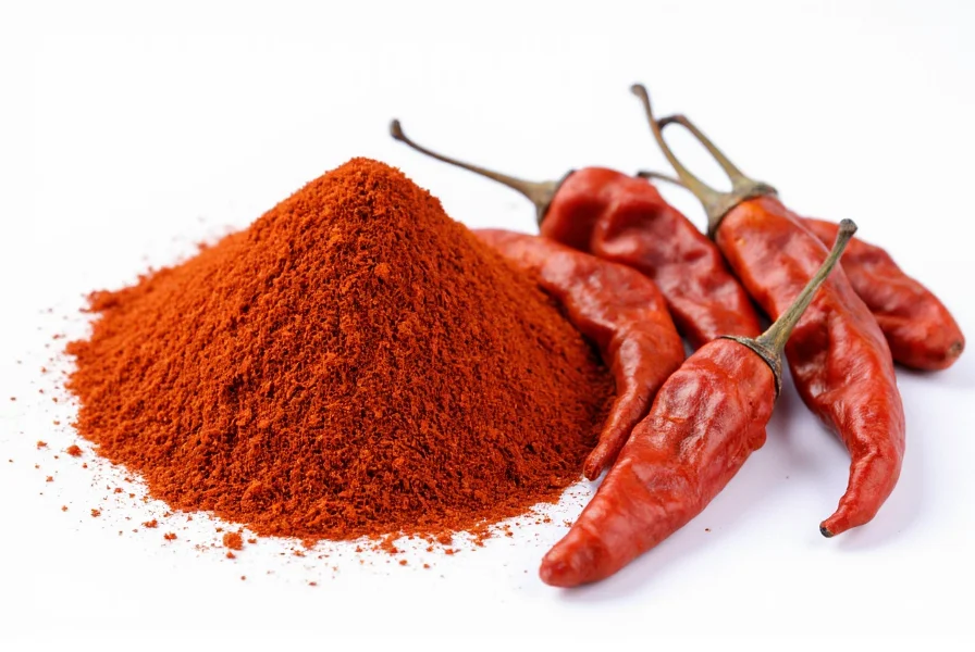 Dried Cheyenne pepper flakes next to whole dried pods showing deep red color