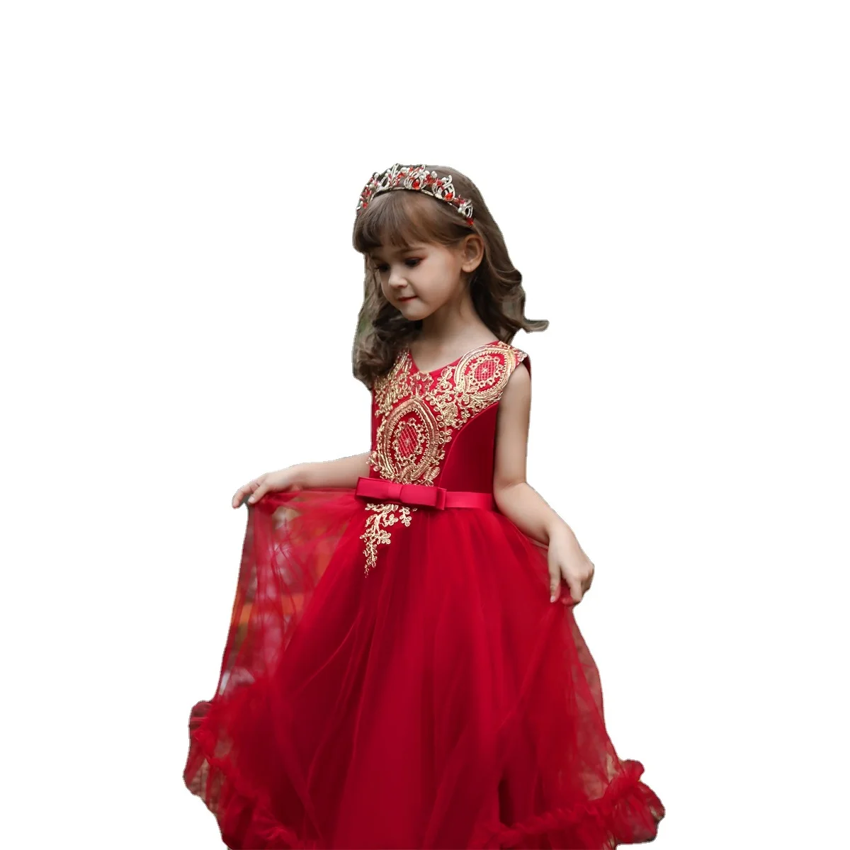 

Fashion long princess dress girls red flower kids girl Evening dress for wedding girls party dresses baby for 5 Years old, Red, champagne,dark blue, bean powder