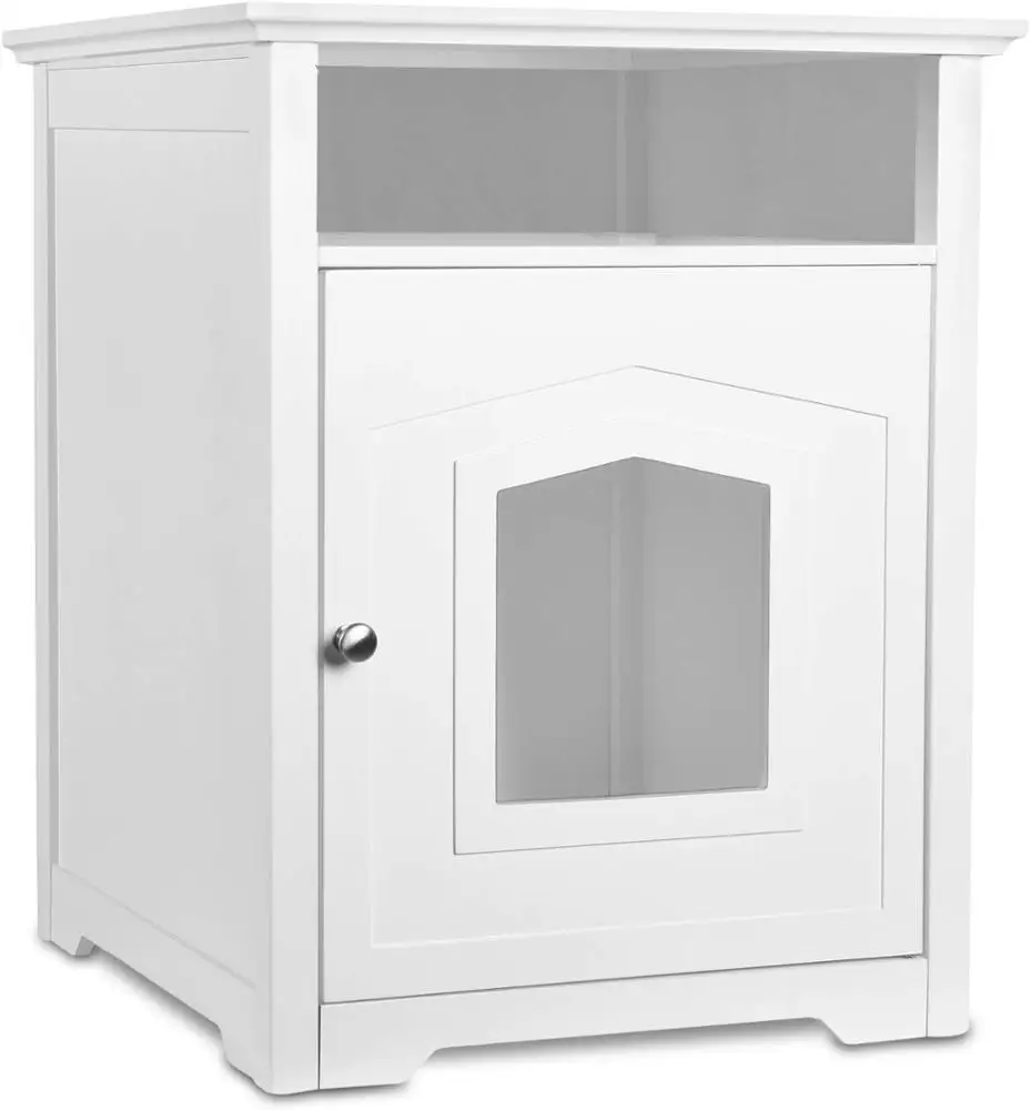 

Designer Enclosed Cat Litter Furniture Box House with Table, White/black