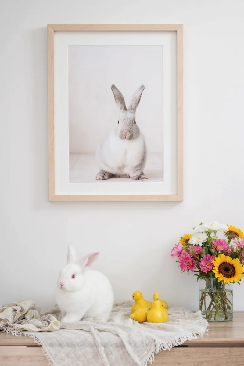 A cozy reading nook transformed into a bunny-friendly zone with layered blankets, a hammock, and a view of the city skyline.