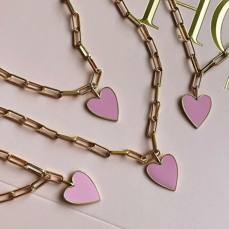 Joolim Jewelry 18K Gold Plated Pink Heart Pendant Paper Pin Chain Sweater Necklace Stainless Steel Jewelry Wholesale
