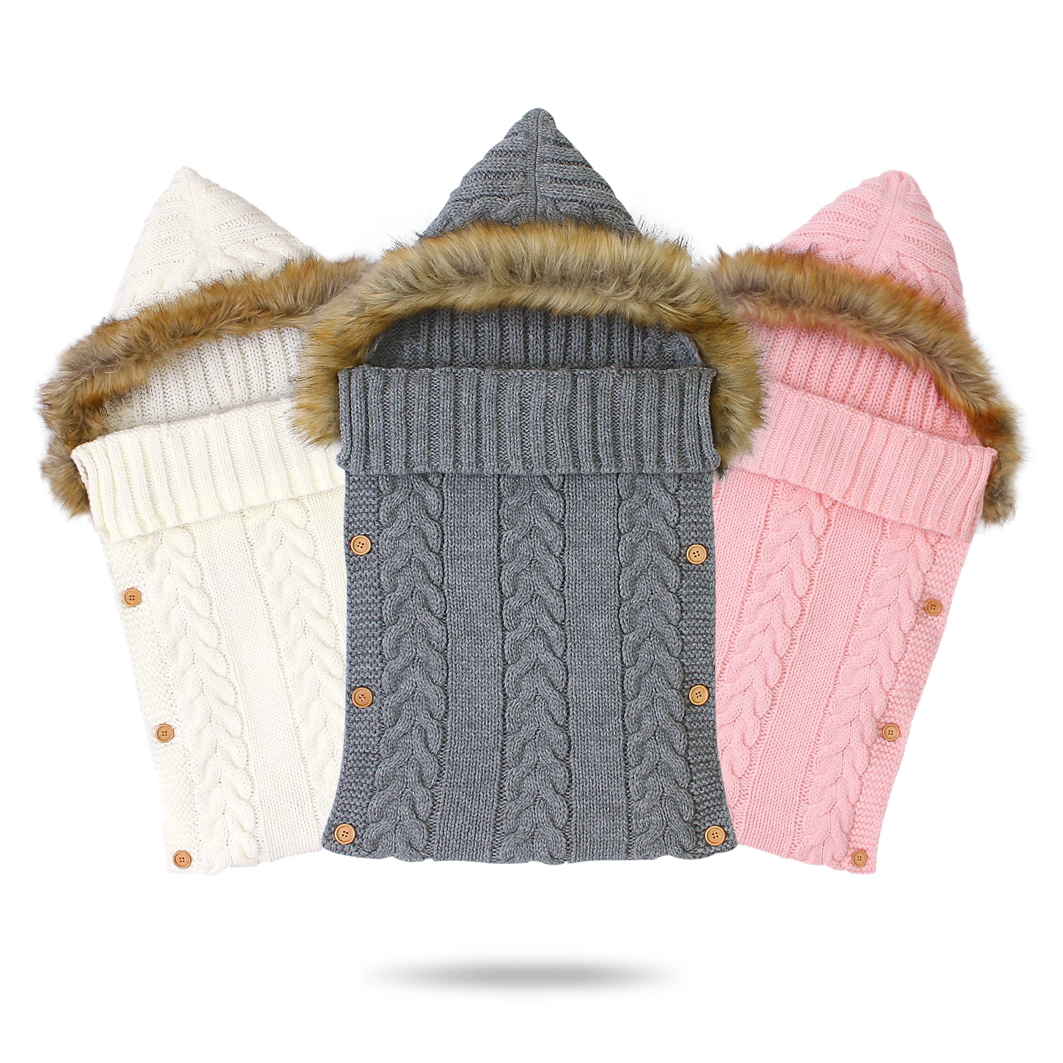 

Custom Logo Portable Baby Knitted Hooded Sleeping Bag with Artificial Furng, Picture shows