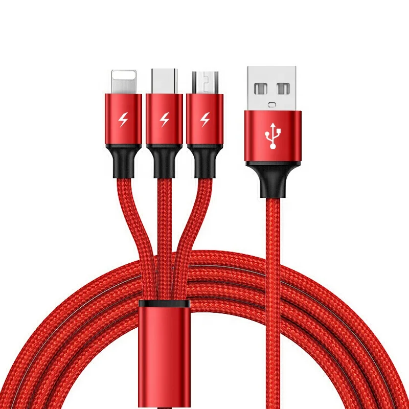 

Free Shipping 1.2m 3A 3 in 1 Cable Cord for iPhone Type C Micro USB Cable 4 feet Woven Nylon Android Mobile Phone Charger Cables