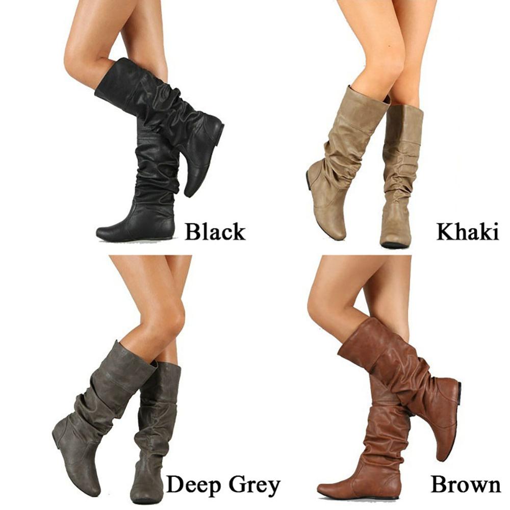 

Women Shoes Flat Heel Solid Color Long Pointed Toe Knee High Ladies Boots Leather Stitching Casual Girl Cute Flats Boot Sh