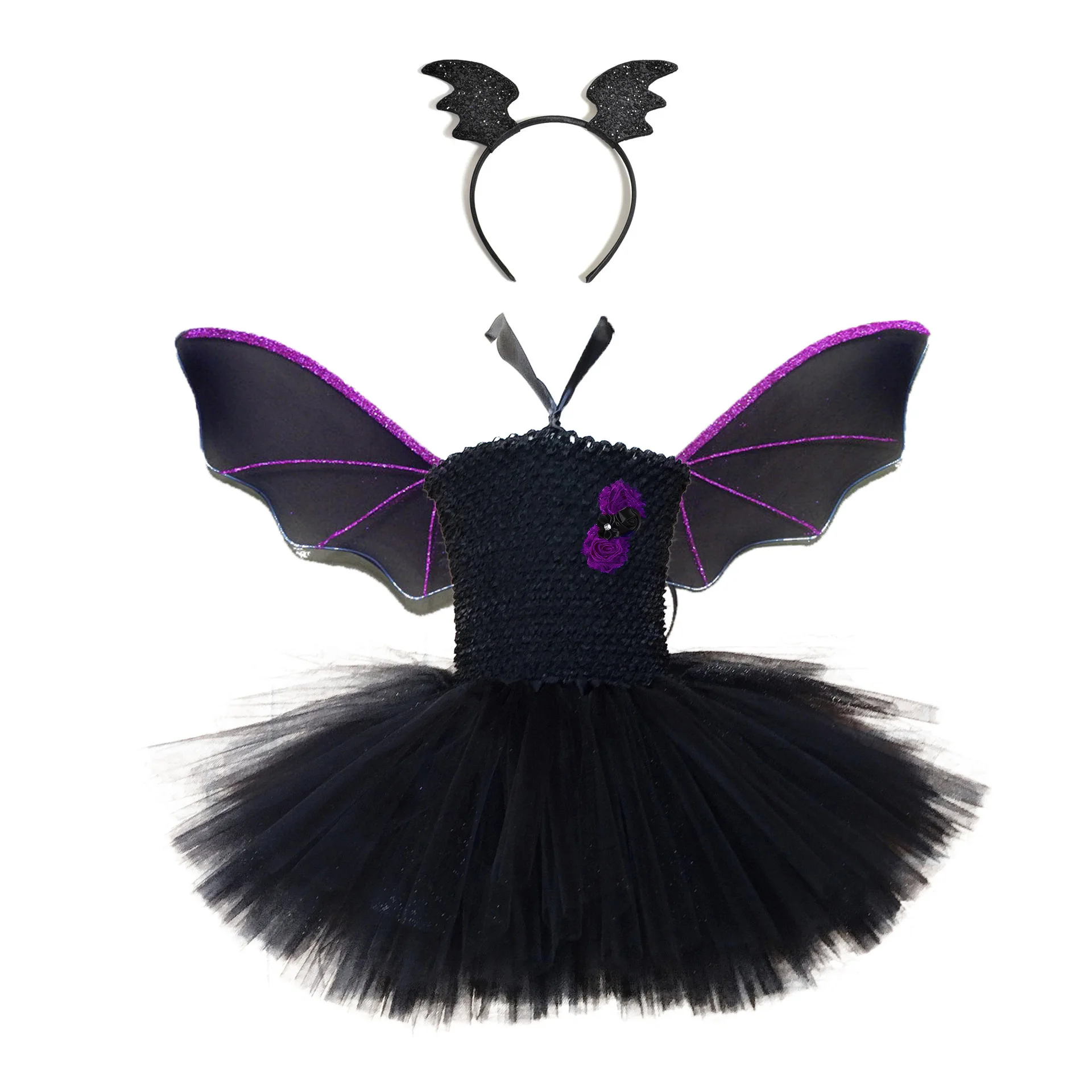 

2021 New Fashion Black Color Bat Design Cosplay Party Costume Kids Halloween Costume Children Clothing Set Girls Tutu Dress