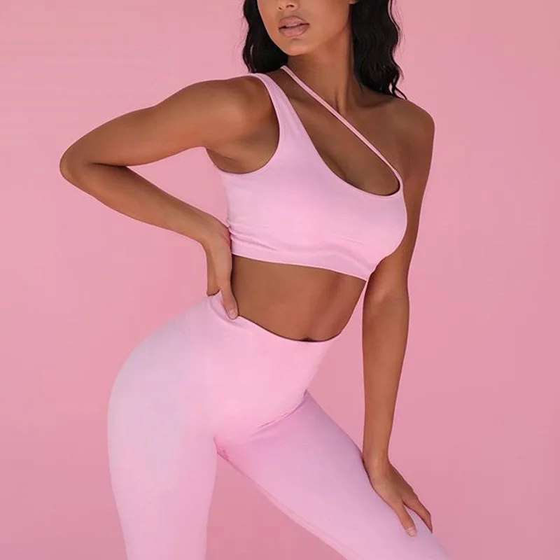 

New Arrived One Shoulder Short Vest Fitness Leggings Hot Sexy Sports Bra Two-Piece Suit Yoga Clothes Women