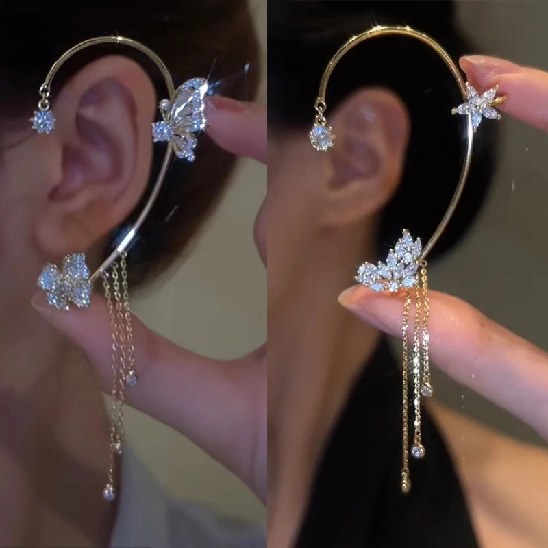 

Korean Zircon Butterfly Star Clip Earrings Long Tassel Cuff Earring Trendy Women No Piercing Jewelry