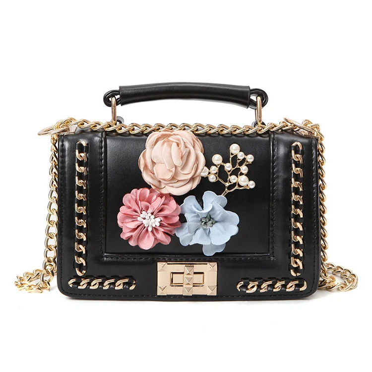 

sac main femme Women Luxury Elegant PU Leather Chain Shoulder Bag Lady Flowers Handbag, Black,white,pink