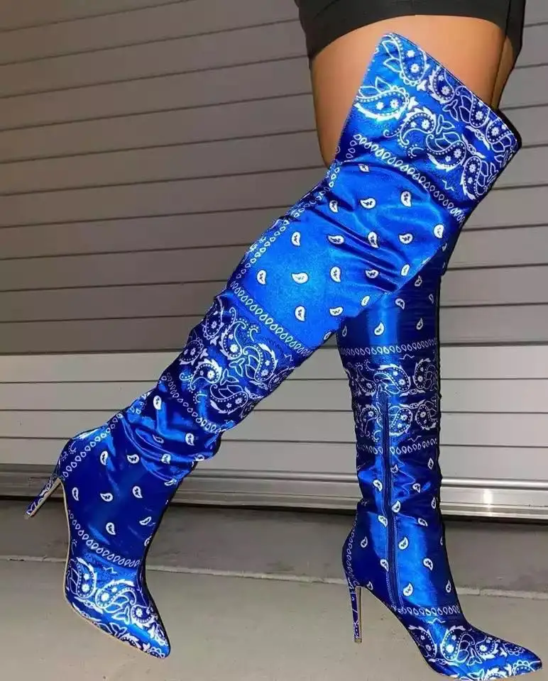

2020 Amazon hot sale fall fashion paisley bandana women knee high boots pointed super stiletto high heel shoes sexy streetwear, 3 colors as picture
