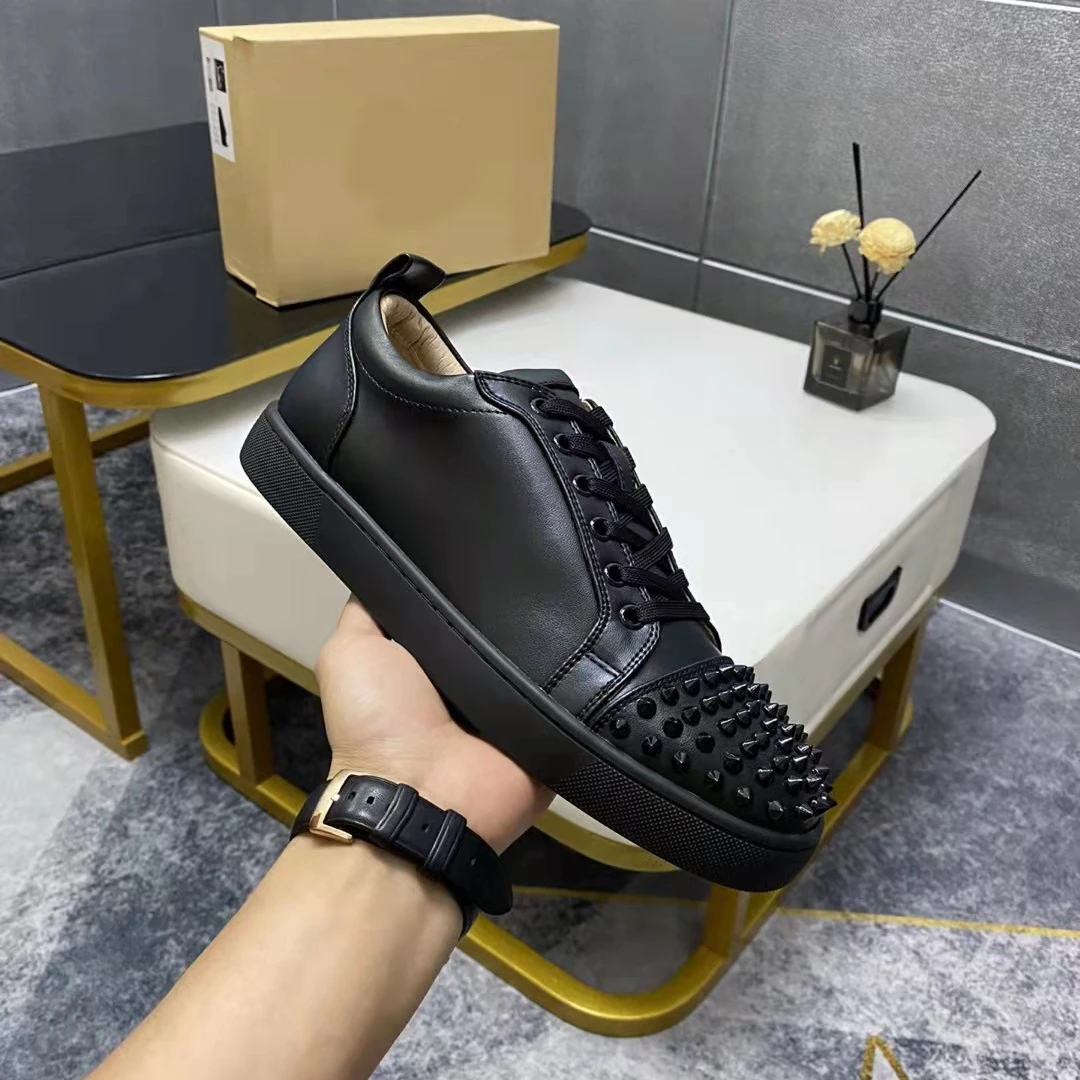 

Famous Brand Suede Men's Party Rivet Upper Red Bottom Real Leather Black Luxury Designer Sneakers Set Auger Red Sole Shoes, 6 colors