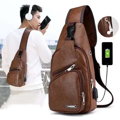 

2020 New Anti Theft Crossbody PU Leather Shoulder Bags Chest Men Casual USB Charging Sling Travel Messengers Bag, Black / light brown / dark brown