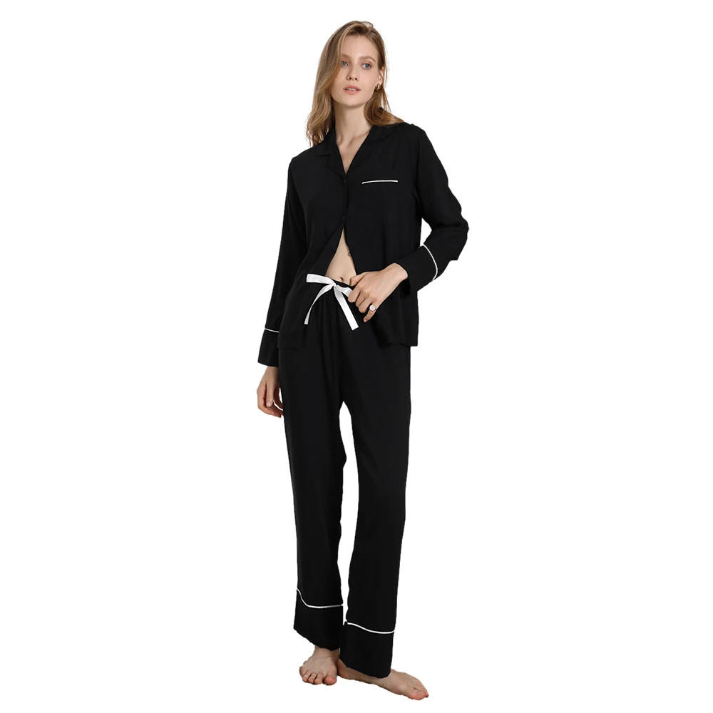 100% rayon long sleeve solid black casual sleepwear baju tidur wanita clothes breathable warm winter pajama pj set for women