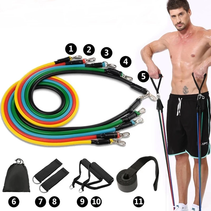 

Gym Fitness Strength Band Rope Bandas Para Hacer Ejercicio Rubber 11 Pcs Resistance Band Set With Handles, Black red yellow blue green