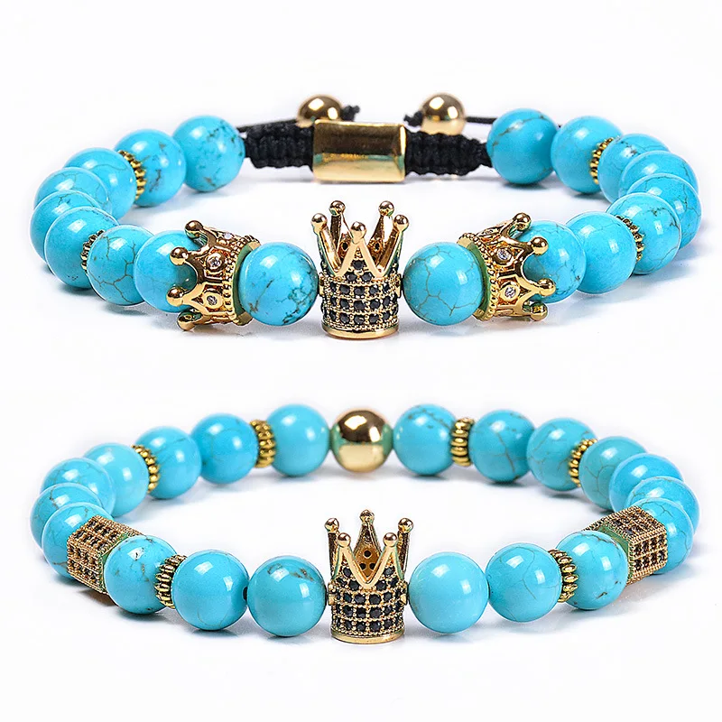 

New Design Couple Jewelry 2Pcs/Set Natural 8mm Turquoise Stone Micro Pave Black Zircon CZ Crown Bracelet Set