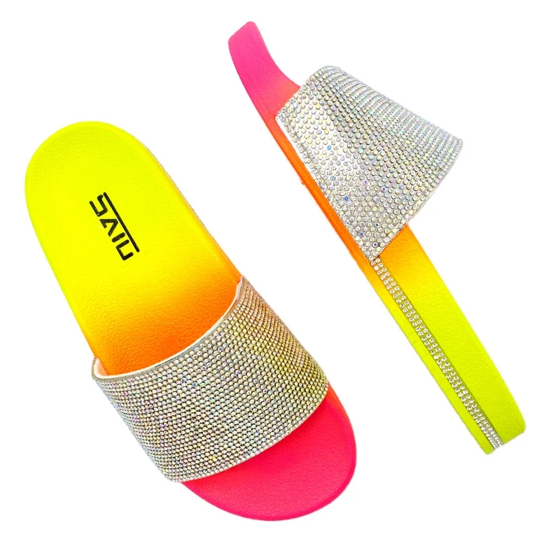 

New women's beach rainbow rhinestone sandals full of diamond women's flats multi-coloured crystal slippers