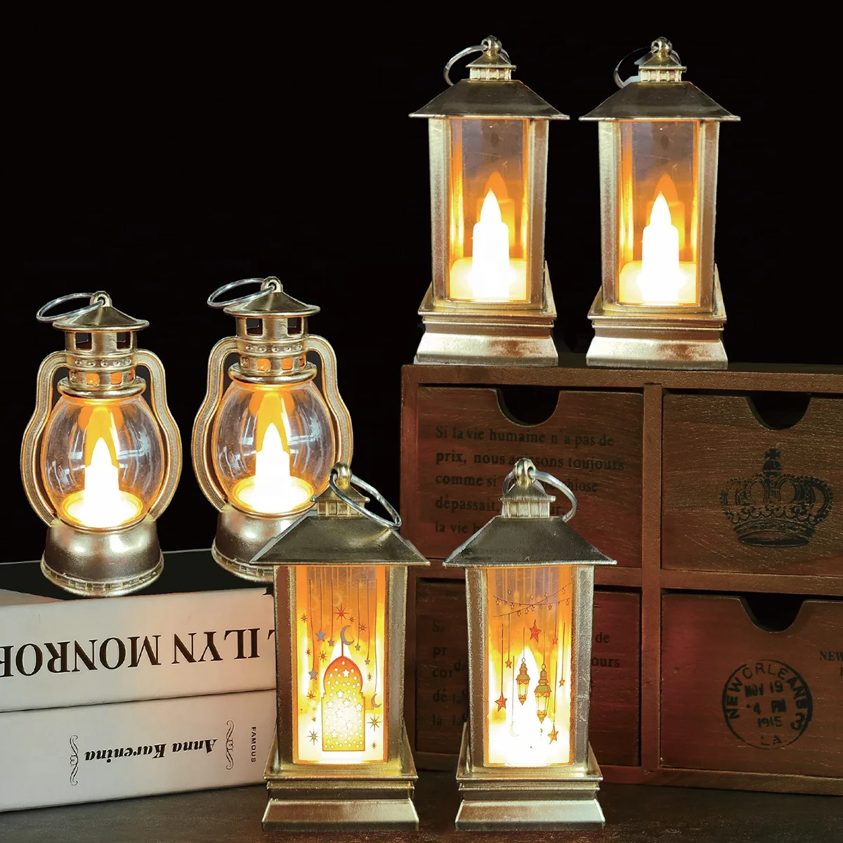 641253 24pcs Gold Small LED Lanterns EID Mubarak Ramadan Decoration Islamic Home Light Table Decor Plastic Lamp LR1130 Batteries