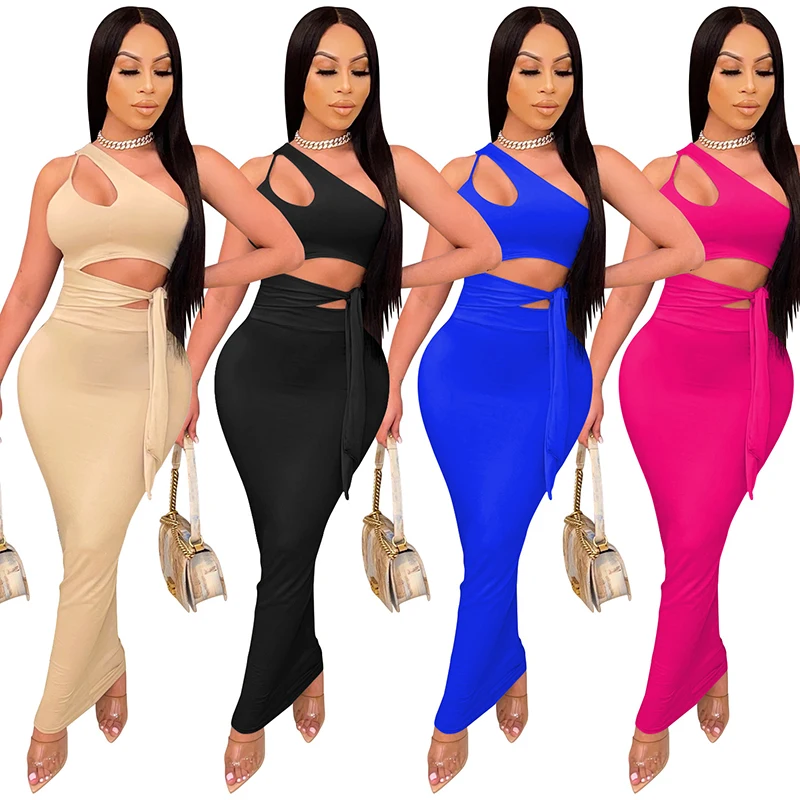 

New desigin One Shoulder Bandage Hollow Crop Top Bodycon Maxi Dress Summer Club Outfits Night Party women dresses sexy