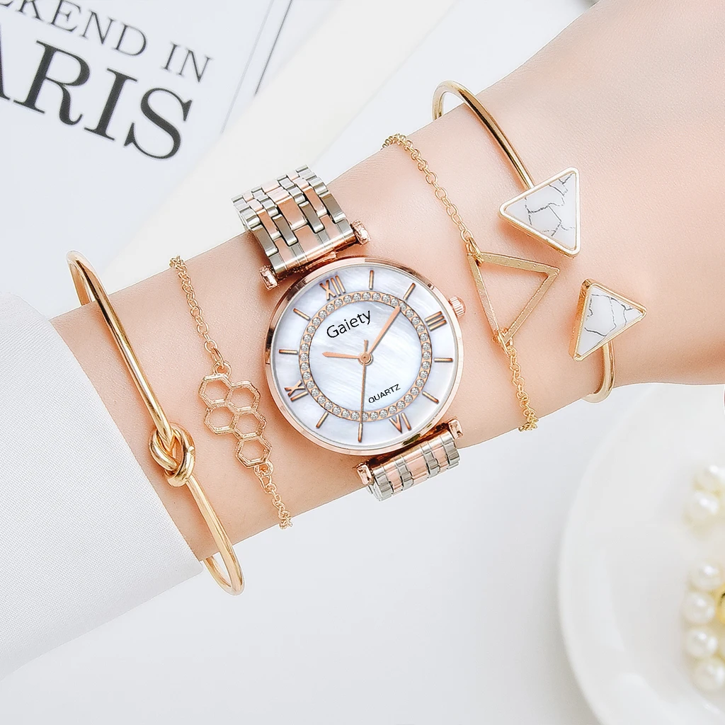 

6PCS Set Watch Women Set Top Brand Luxury Fashion Diamond Ladies Wristwatches Silver Mesh Strap Female Quartz Watch reloj mujer, As show
