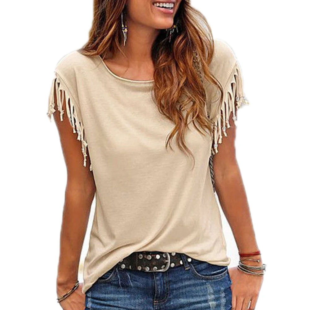 

Summer Women Cotton Tassel Casual T-shirt Sleeveless Solid Color Tees Short Sleeve O-neck Women's Clothing t shirt hot sales