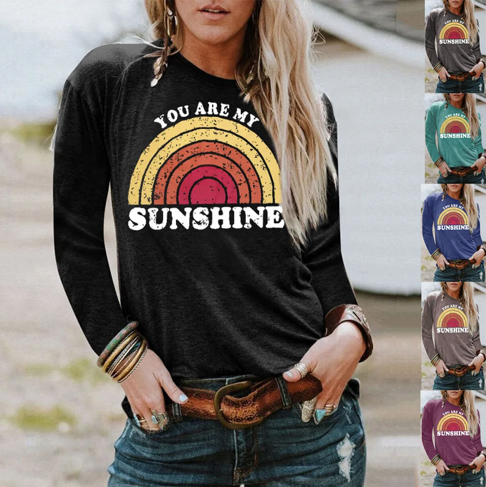 

WW-0242 You Are My Sunshine Letters Printing Round Collar Short Sleeve T-shirt Womens Crew Neck Letter Print Long Sleeve Tops, Customized color