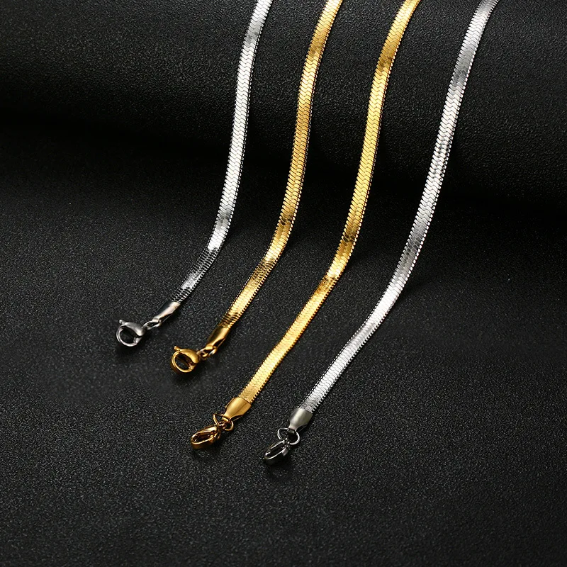 

Hongtong Factory Flat Herringbone Chain Necklace 3mm Stainless Steel Jewelry 18K Gold Plated Snake Necklace, Picture