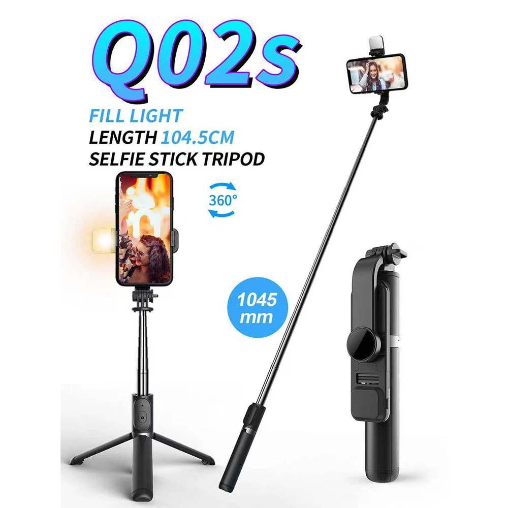 

Q02s 3 in 1 Foldable 360 Flexible Tripod Selfie Stick With Led Fill Selfie Light And Control, Black, white
