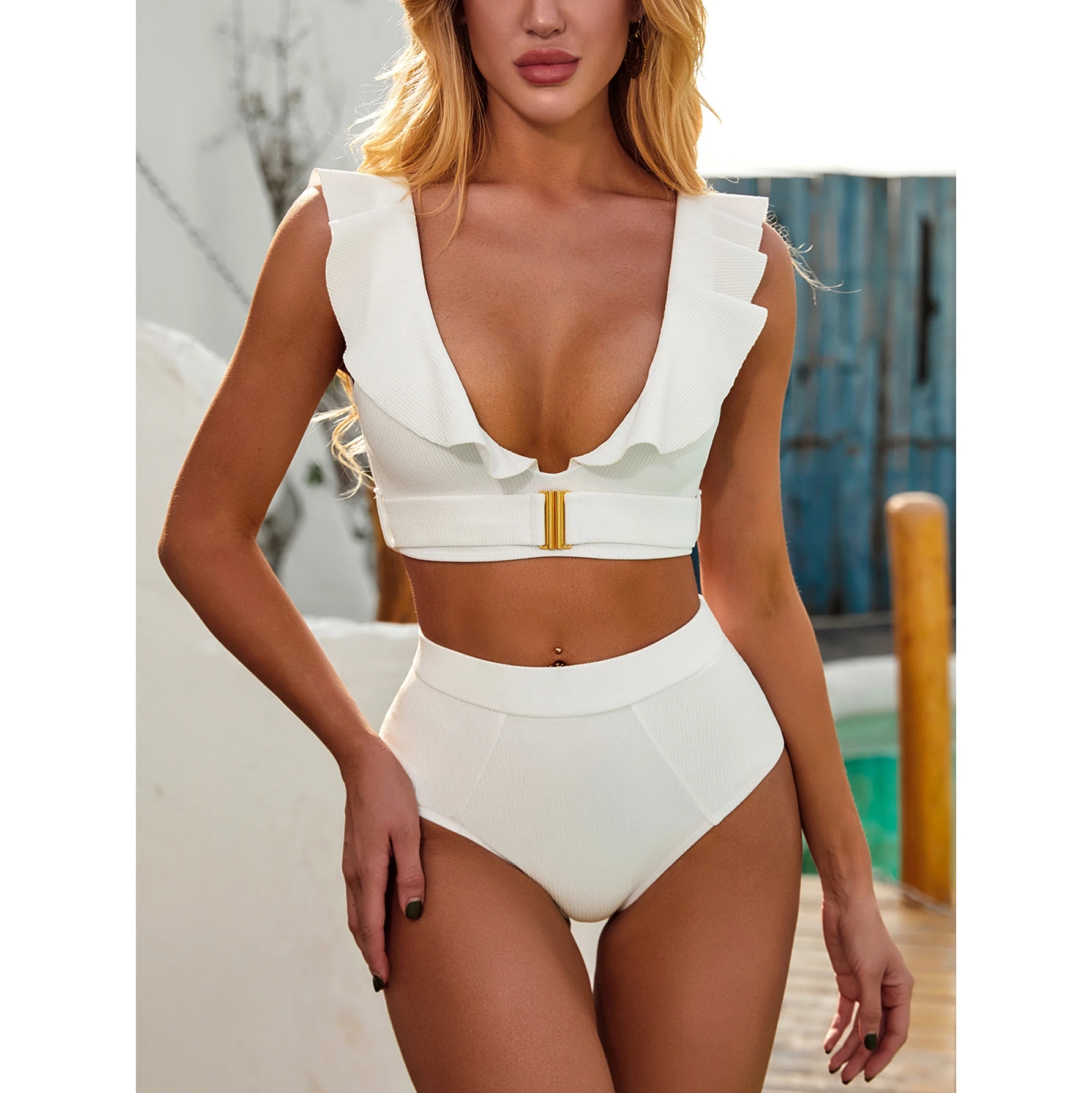 JSN6201 wholesale plain bikini high waist two piece pure swimsuits ruffle strap fitness bikini with belt ribbed fabric bikinis, White