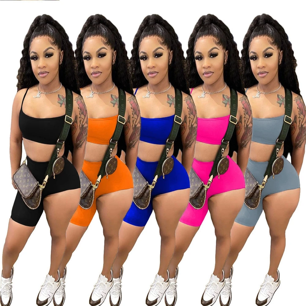 

EB-200402Summer Tank Tops Joggers Jumpsuit Fitness Yoga Outfits Crop Top 2 Piece Biker Short Pants Set Tracksuit Girls Clothing, 2 color