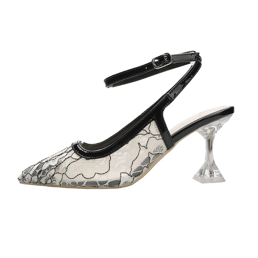 

Summer Sexy Mesh Female High Heel Sandals High Quality Leather Pointed Toe Female Formal Shoes Ladies Party Shoes, Black white apricot