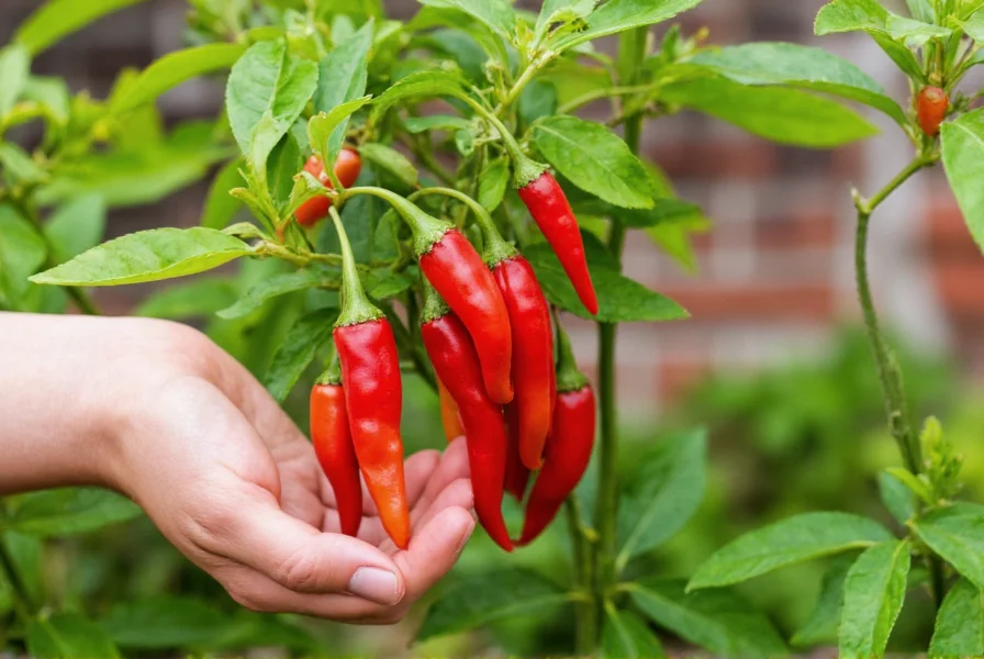 Hand harvesting ripe red cayenne peppers from a healthy plant in a home garden setting