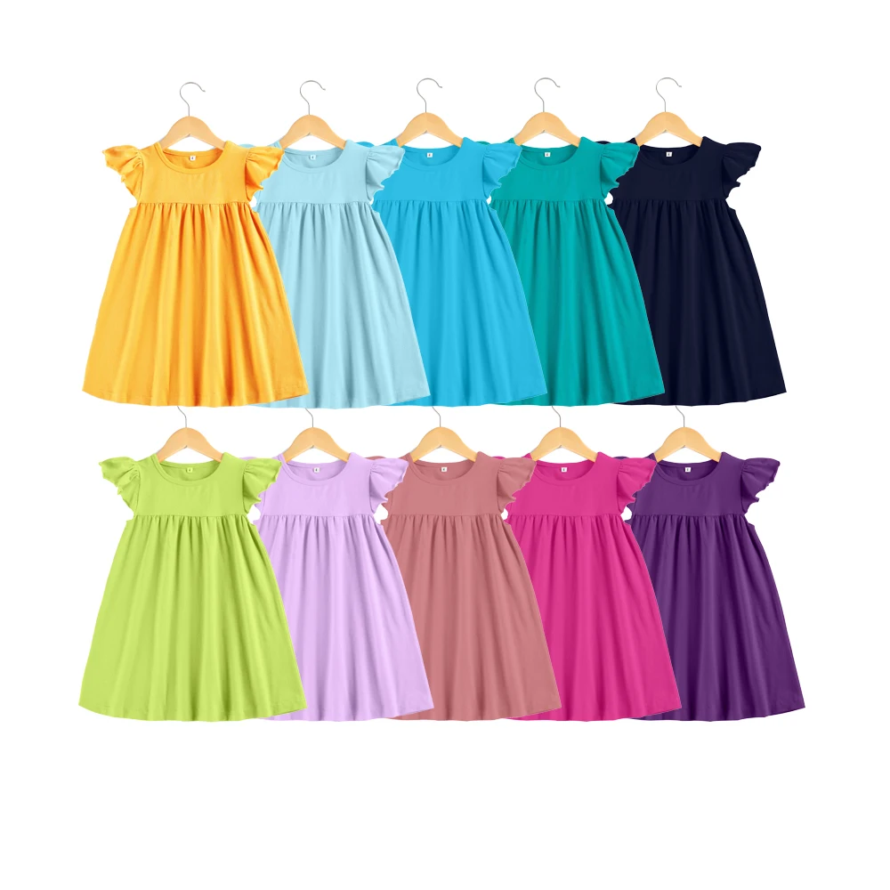 

2020 summer clothes NO MOQ RTS girls boutique clothing simple baby flutter sleeve ruffle cotton dress, Many color can choose