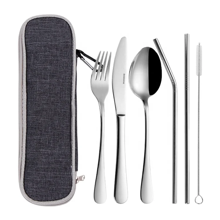 

Portable Cutlery Set With Chop Stick Stainless Steel Gold Cutlery Set Fork Spoon Knife Camping Travel Flatware With Bag, Silver