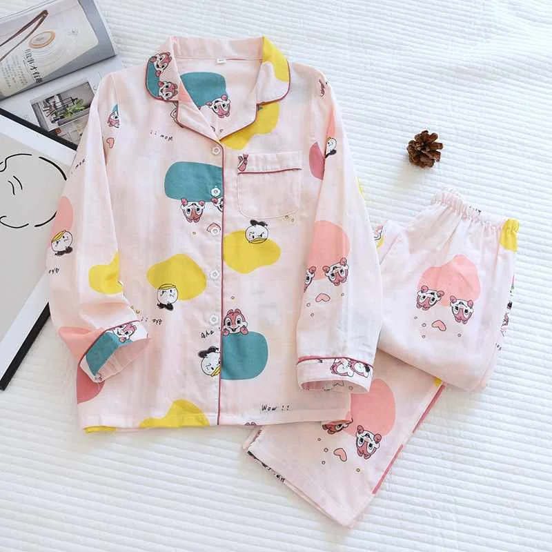 

2021 spring and summer new ladies 100% cotton cartoon squirrel sleepwear two-piece thin cotton long-sleeve cute home service wom, Squirrel pink, squirrel white