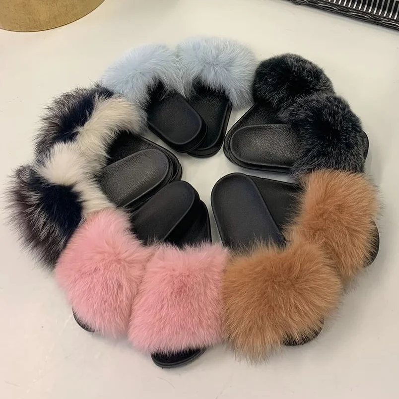 

QIUCHEN QC1802 PVC wholesale women summer fashion fluffy real fox fur colorful sandals custom fur slides slippers, Over 50 colors