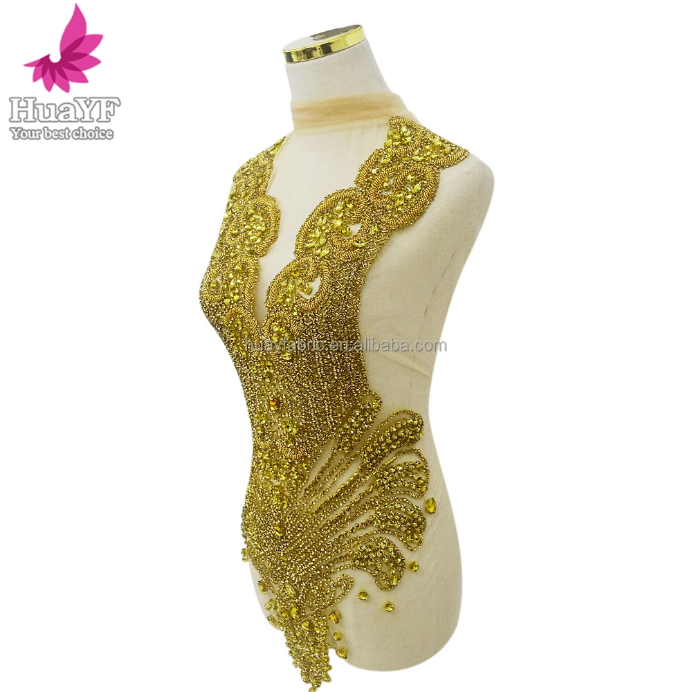 

HY2511-7 Golden decorated appliques bodice handmade rhinestone applique for party dress