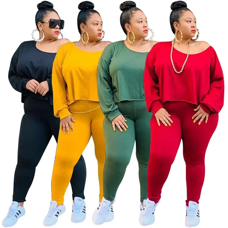 

Fashion Solid Color 4XL Long Sleeve Pants Outfit 2 Piece Set Plus Size Women Clothing, Green / black / blue / red / yellow