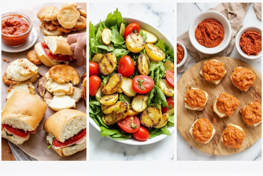 Assortment of foods paired with red pepper spread: sandwiches, vegetable platter, and cheese board