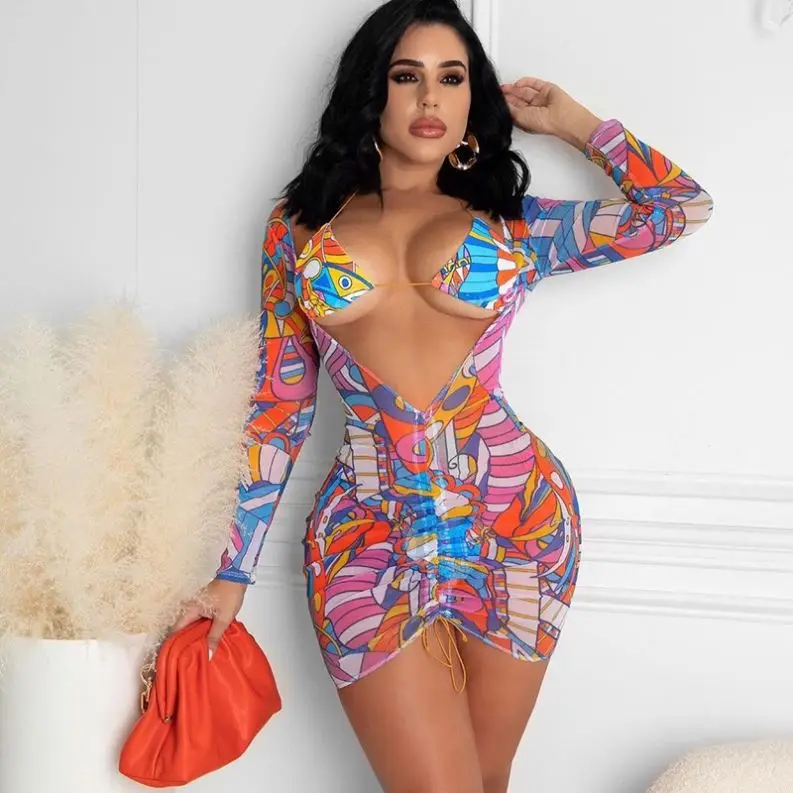 

Summer Sexy Print 2 Two Piece Sets Women Skirts 2022 Halter Backless Crop Top See Through Short Mesh Matching Female, 1,2