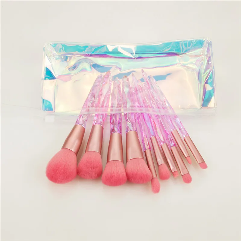 

10pcs Transparent Diamond Crystal Handle Makeup Brush Set with holographic bag