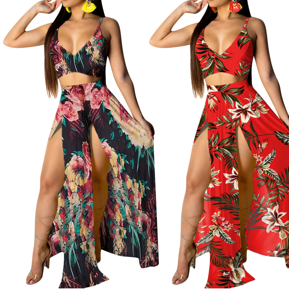 

Women Sexy Fashion Dresses Summer Suspender Printed Maxi two piece pants set,New style V-neck sleeveless casual women dress elegant casual dresses, White, red, green, black, blue, navy blue.