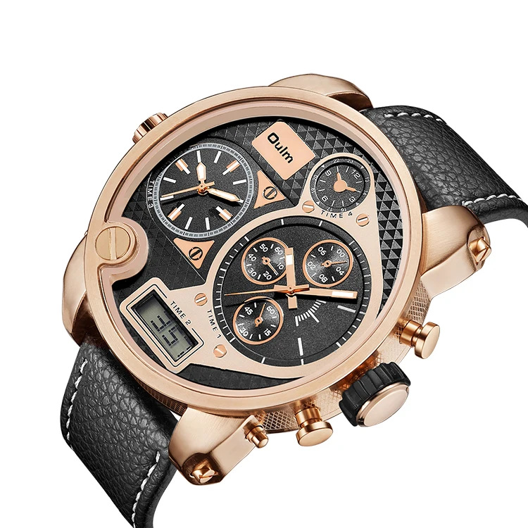 

OULM 9316 own brand golden gents clock latest PU leather strap more time zone Chronograph Concise sports relogio musculino
