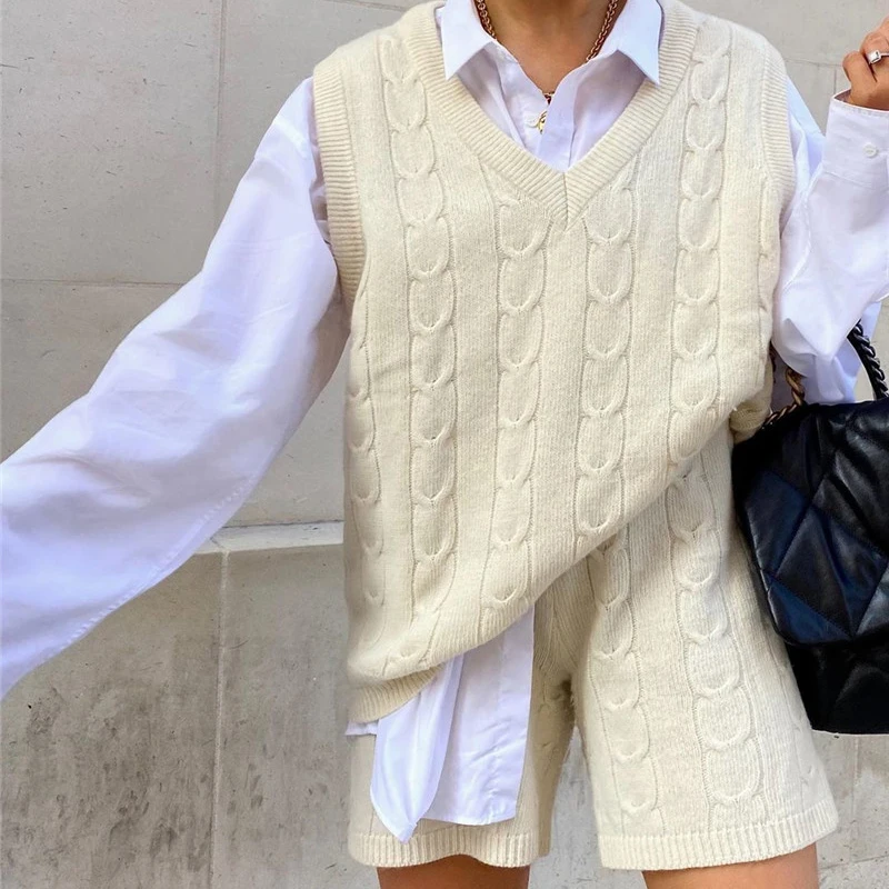 

V-Neck Sleeveless Sweaters Jumper Vest Shorts Knit Knitted 2 Piece Women Two Piece Set Oversized Sweater Sets Women Knit Set, Multicolor