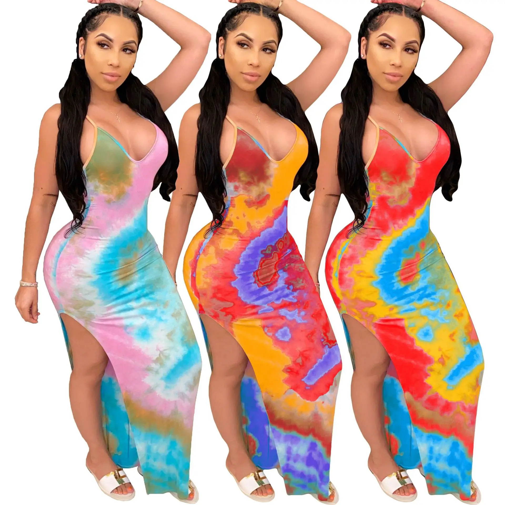 

Sexy Ladies Tie-Dye Backless Dress Slip Open Design V-Neck maxi dress Custom Wholesale Fashion Slimming Long Dress for Women, Customized color