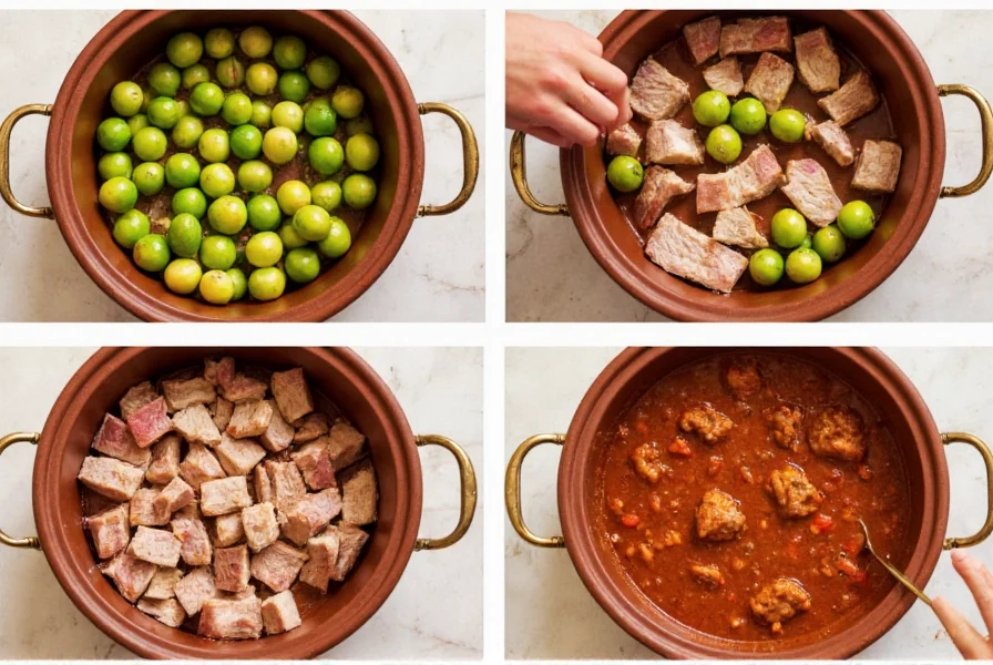 Step-by-step preparation of chili pork verde showing roasted tomatillos, seared pork cubes, and finished stew in a traditional clay pot
