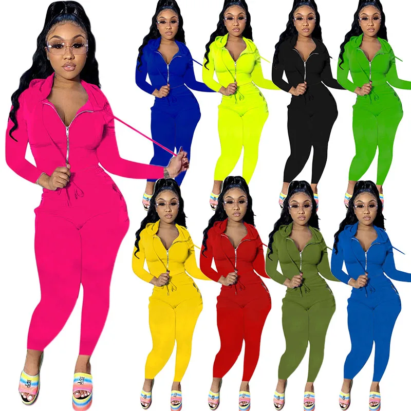 

2021 winter zipper solid tracksuits for women clothing two piece set hoodies sweat suits sets jogger fall 2 piece pants set, Picture