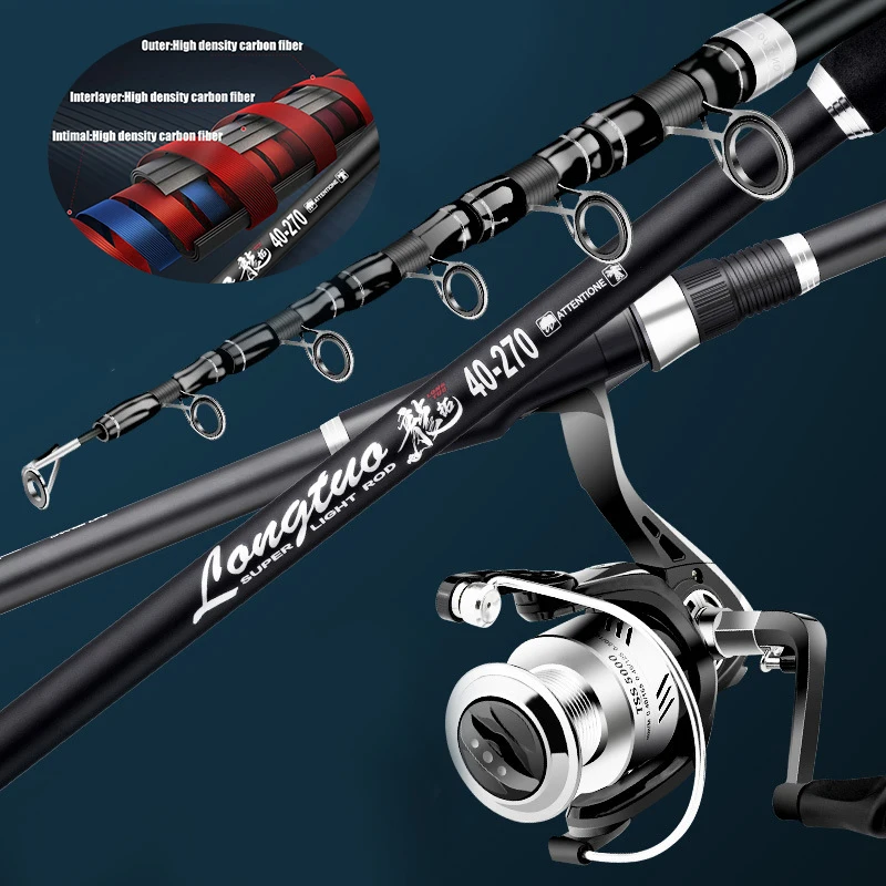 

Wholesale carbon 2.1m-5.4m Long Shot casting Saltwater rock fishing pole Ultralight Telescopic Fishing rod reel set combo